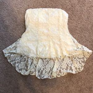 Lace- high low strapless blouse